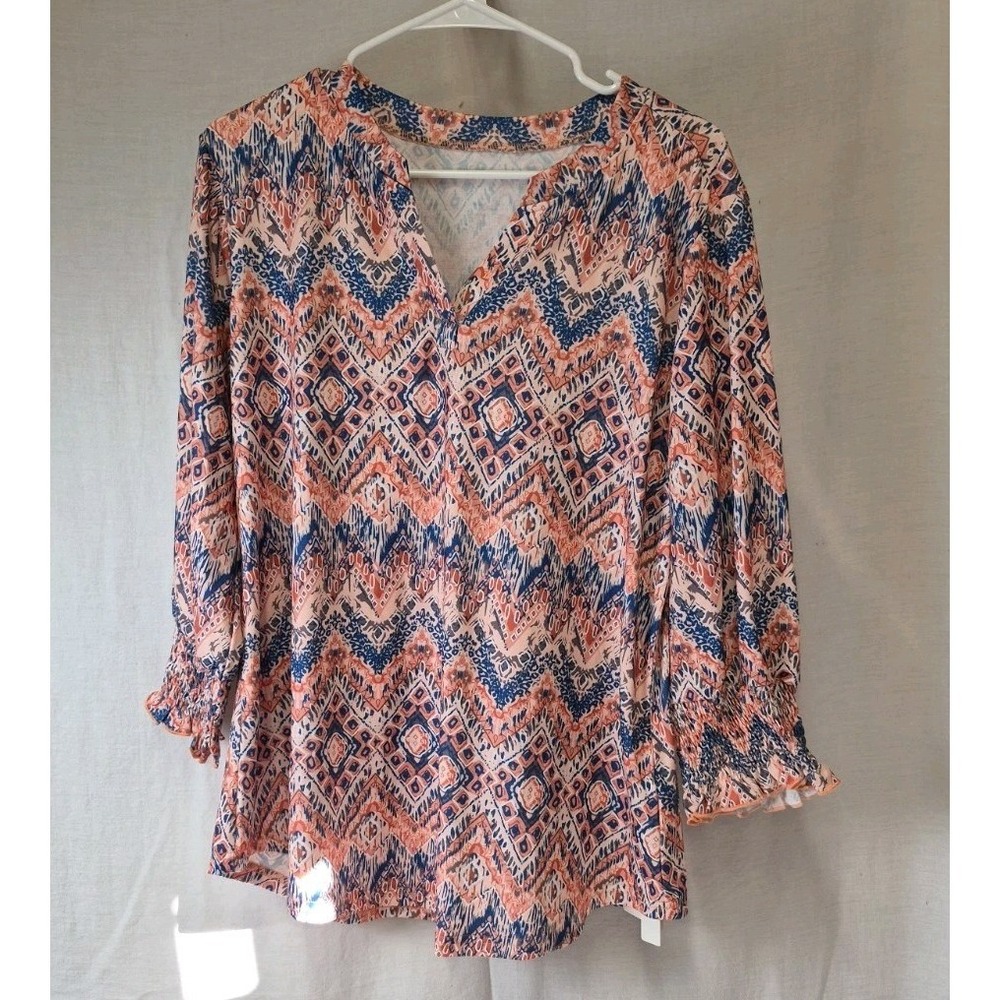 Womens V Neck Tunic Blouse Size L 3/4 Sleeves Geometric Print Boho Party Office